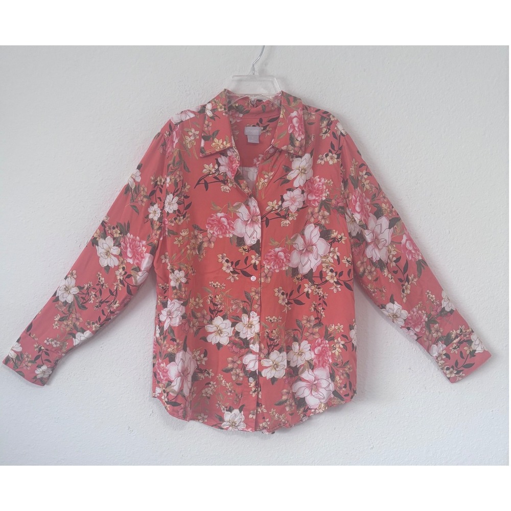 Chico's Top Floral Sz Large Long Sleeve Blouse Orange Cruise Resort‎ Wear
